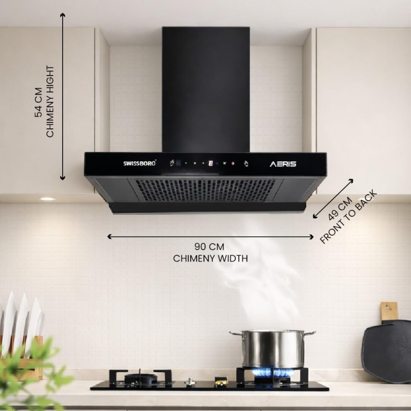 AERIS 90 cm 1400 m³/hr Suction T Shape Kitchen Chimney Smart Clean Technology Auto Clean Hood Touch Control Panel Wall Mounted Black Finish 1 Years Comprehensive + 5 Years on Motor Warranty AERIS 90 cm 1400 m³/hr Suction T Shape Kitchen Chimney Smart Clean Technology Auto Clean Hood Touch Control Panel Wall Mounted Black Finish 1 Years Comprehensive + 5 Years on Motor Warranty