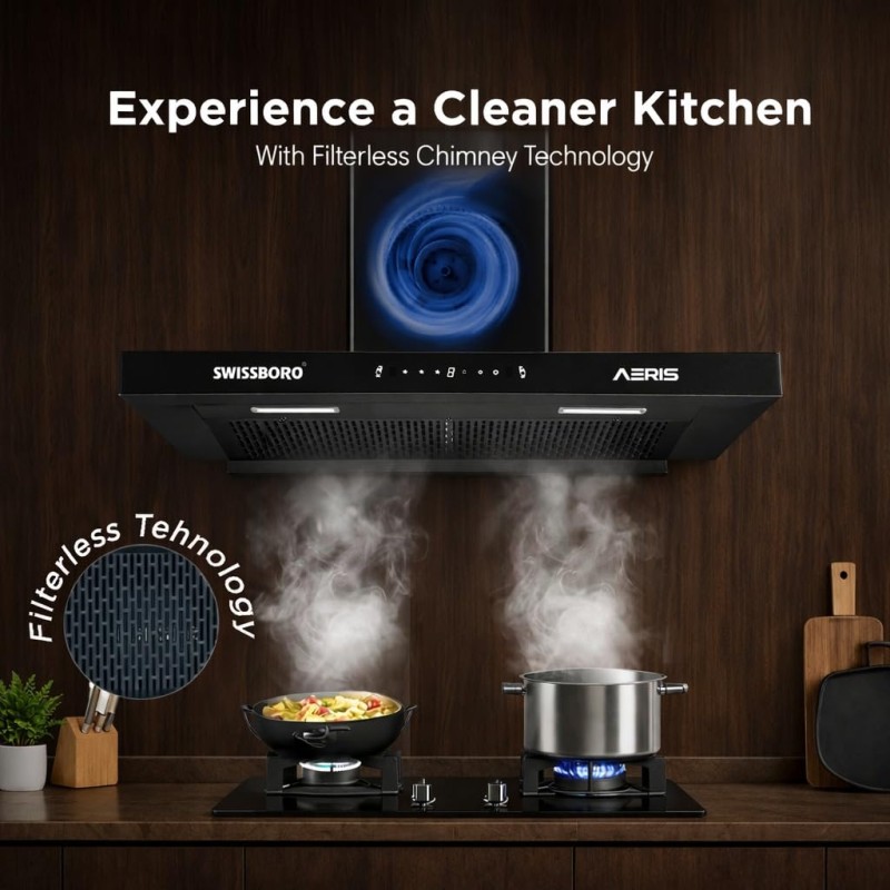 AERIS 90 cm 1400 m³/hr Suction T Shape Kitchen Chimney Smart Clean Technology Auto Clean Hood Touch Control Panel Wall Mounted Black Finish 1 Years Comprehensive + 5 Years on Motor Warranty AERIS 90 cm 1400 m³/hr Suction T Shape Kitchen Chimney Smart Clean Technology Auto Clean Hood Touch Control Panel Wall Mounted Black Finish 1 Years Comprehensive + 5 Years on Motor Warranty