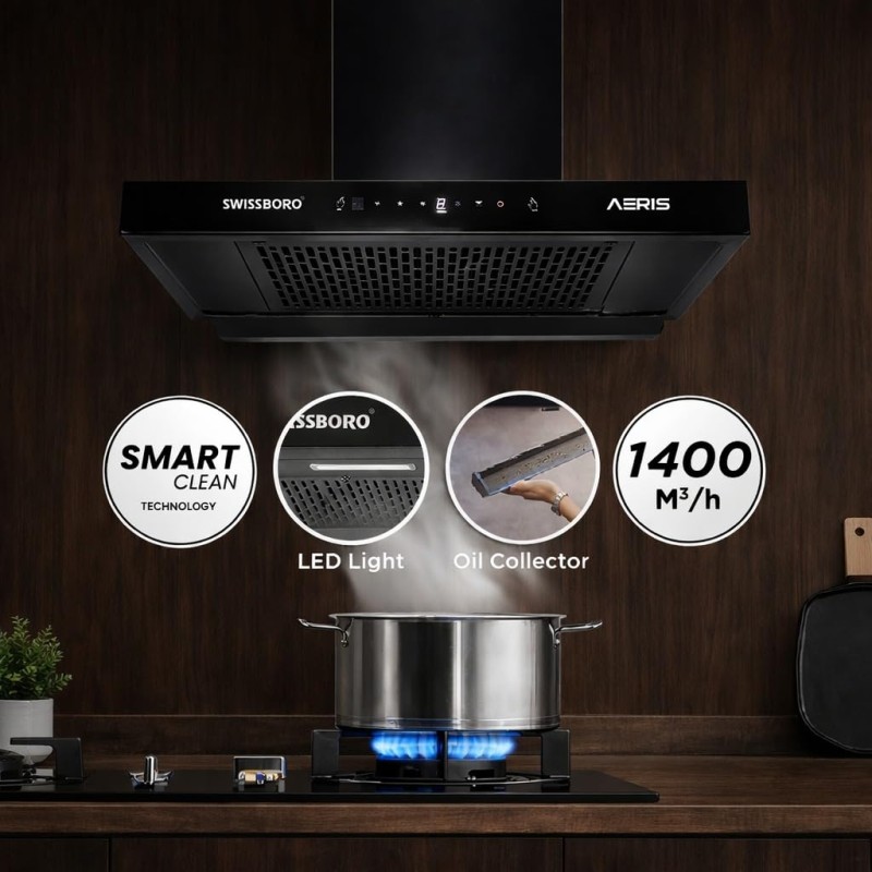 AERIS 90 cm 1400 m³/hr Suction T Shape Kitchen Chimney Smart Clean Technology Auto Clean Hood Touch Control Panel Wall Mounted Black Finish 1 Years Comprehensive + 5 Years on Motor Warranty AERIS 90 cm 1400 m³/hr Suction T Shape Kitchen Chimney Smart Clean Technology Auto Clean Hood Touch Control Panel Wall Mounted Black Finish 1 Years Comprehensive + 5 Years on Motor Warranty