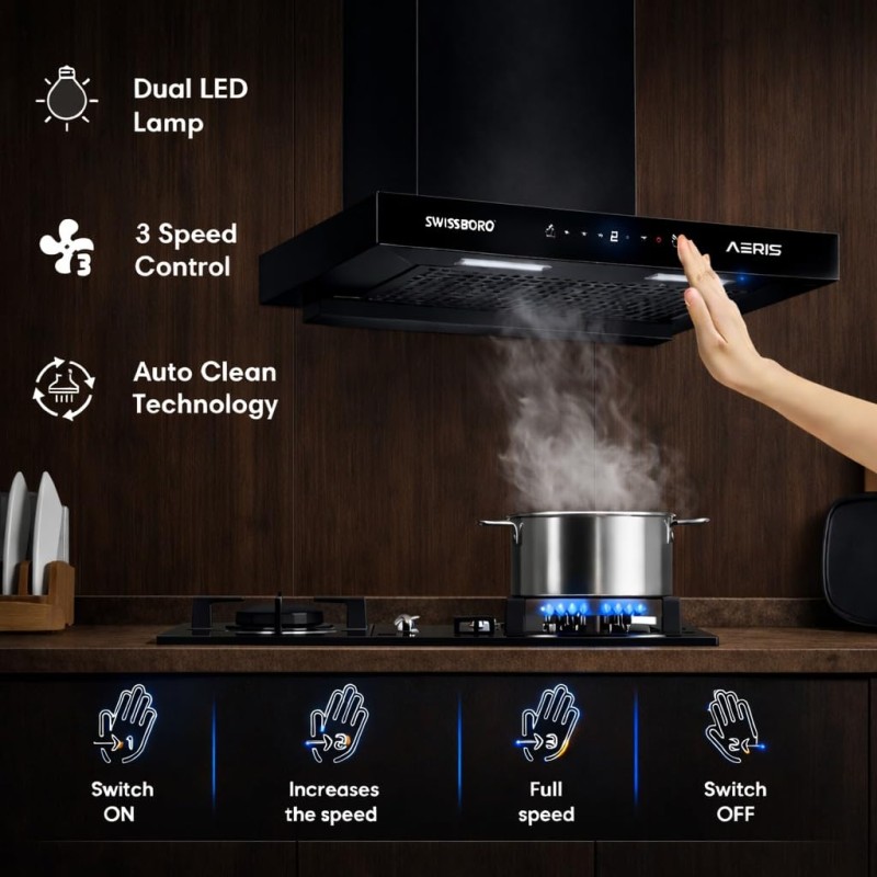 AERIS 90 cm 1400 m³/hr Suction T Shape Kitchen Chimney Smart Clean Technology Auto Clean Hood Touch Control Panel Wall Mounted Black Finish 1 Years Comprehensive + 5 Years on Motor Warranty AERIS 90 cm 1400 m³/hr Suction T Shape Kitchen Chimney Smart Clean Technology Auto Clean Hood Touch Control Panel Wall Mounted Black Finish 1 Years Comprehensive + 5 Years on Motor Warranty