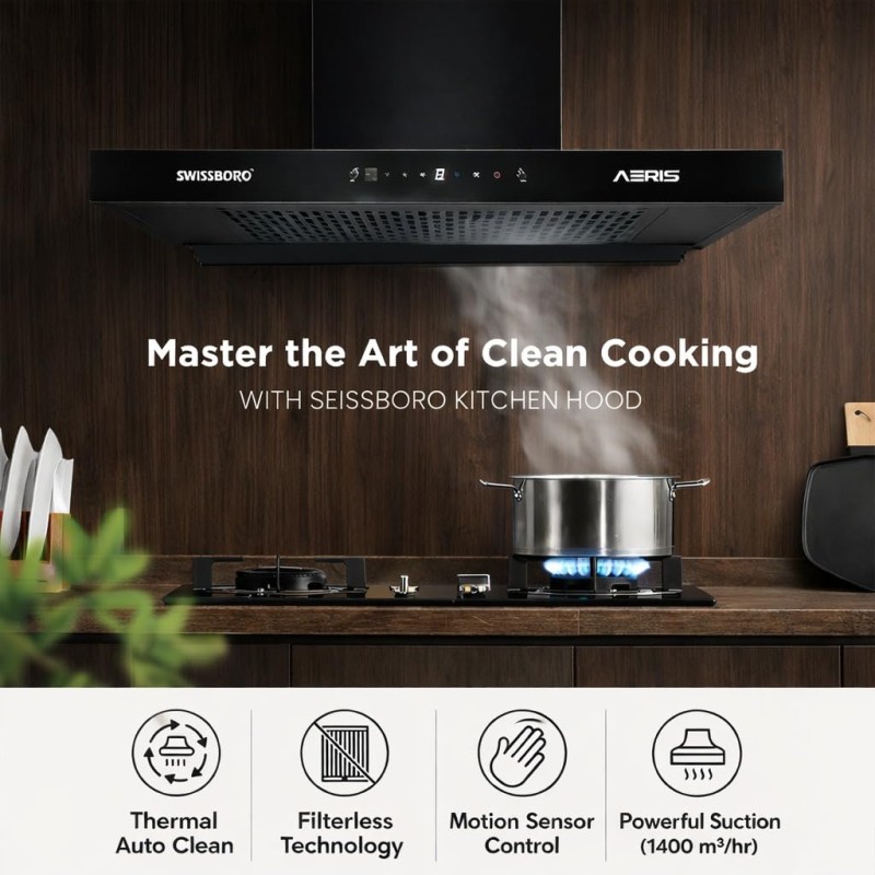 AERIS 90 cm 1400 m³/hr Suction T Shape Kitchen Chimney Smart Clean Technology Auto Clean Hood Touch Control Panel Wall Mounted Black Finish 1 Years Comprehensive + 5 Years on Motor Warranty AERIS 90 cm 1400 m³/hr Suction T Shape Kitchen Chimney Smart Clean Technology Auto Clean Hood Touch Control Panel Wall Mounted Black Finish 1 Years Comprehensive + 5 Years on Motor Warranty