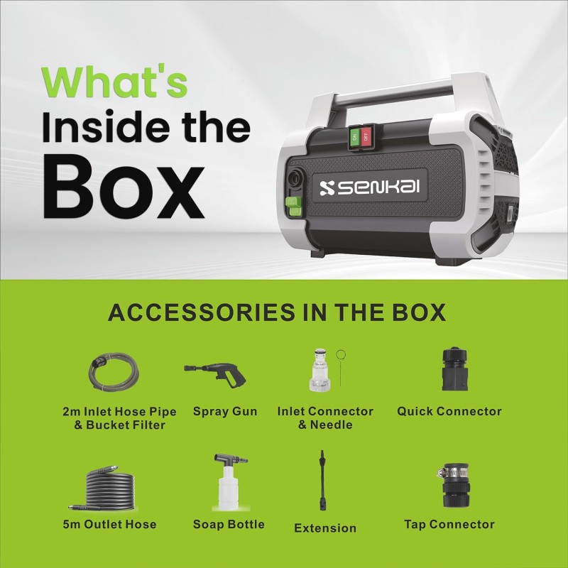 Senkai Portable DODZE S1 Car Washer High Pressure Machine | 1800W 140 Bar Max Pressure 7 L/min Flow Rate with On/Off Switch | 5m Outlet Hose Pressure Washer for car Bike and Home Cleaning Senkai Portable DODZE S1 Car Washer High Pressure Machine | 1800W 140 Bar Max Pressure 7 L/min Flow Rate with On/Off Switch | 5m Outlet Hose Pressure Washer for car Bike and Home Cleaning