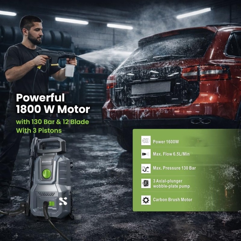 Senkai Impreza Car Washer High Pressure | 1600W & 130 Bar Powerful Motor | Max Pressure 6.5 L/min Flow Rate with On/Off Switch | 5m Outlet Hose Pressure Washer for car Bike and Home Cleaning