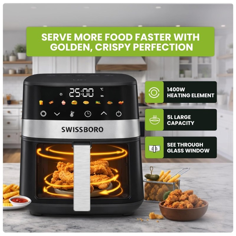 Zenith Digital Air Fryer 5L & 1400W Power | uses up to 90% less fat 8 Presets Touch Control Rapid Air Technology | See-Through Window Timer & Temperature Control | Oil-Free Healthy Cooking Zenith Digital Air Fryer 5L & 1400W Power | uses up to 90% less fat 8 Presets Touch Control Rapid Air Technology | See-Through Window Timer & Temperature Control | Oil-Free Healthy Cooking