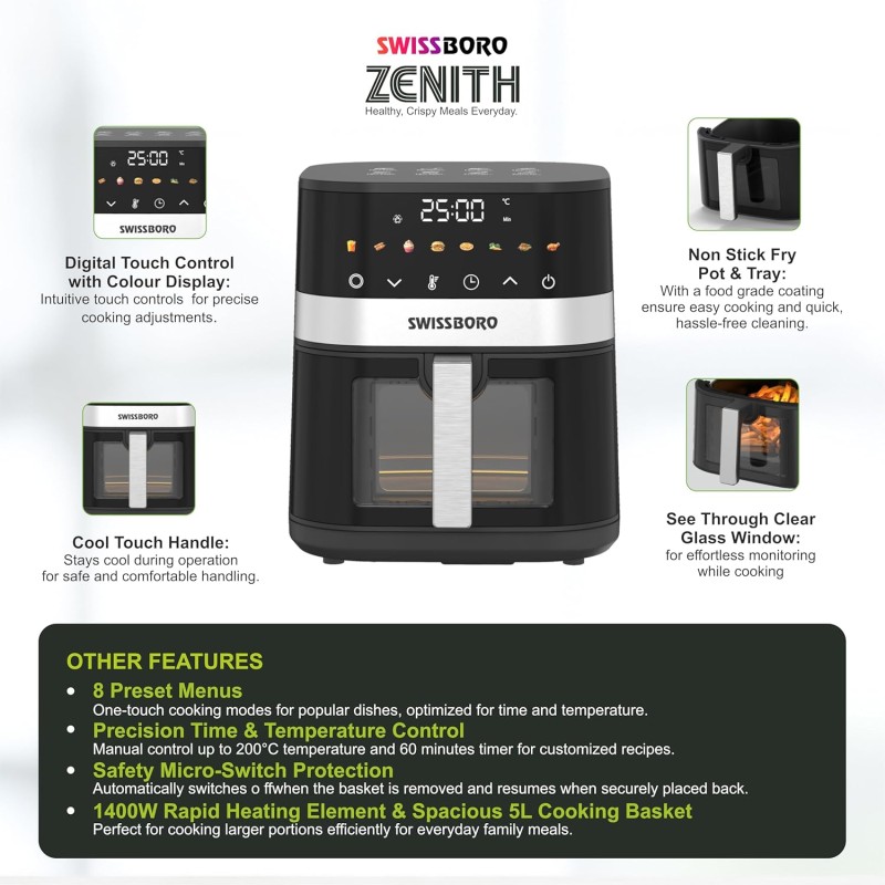 Zenith Digital Air Fryer 5L & 1400W Power | uses up to 90% less fat 8 Presets Touch Control Rapid Air Technology | See-Through Window Timer & Temperature Control | Oil-Free Healthy Cooking Zenith Digital Air Fryer 5L & 1400W Power | uses up to 90% less fat 8 Presets Touch Control Rapid Air Technology | See-Through Window Timer & Temperature Control | Oil-Free Healthy Cooking