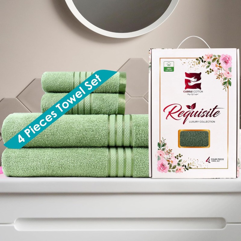 Requisite 4 Pc Large Towel Set | 2 Bath Towels (70 x 147 cm) & 2 Hand Towels (40 x 60 cm), 400 GSM | 100% Pure Cotton | Bath Towels for Men, Women & Kids | Gym Towel Emerald Green