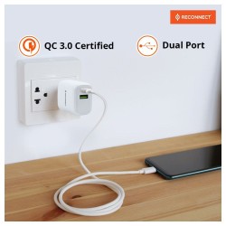 Reconnect 20 Watt Fast Charging Wall Charger, Dual Ports (USB-A & USB-C), QC 3.0 Certified, Multi-Layer Protection, Intelligent Power Distribution, Fire Retardant Body, White