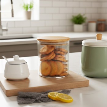 Swissboro Elora Bamboo Lid Borosilicate Glass Round Jar 1 pc- 500ml