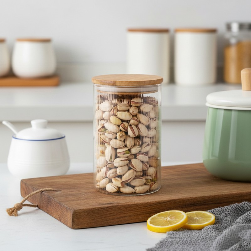 SwissBoro Elora Bamboo Lid Borosilicate Glass Round Jar 1 pc- 750ml SwissBoro Elora Bamboo Lid Borosilicate Glass Round Jar 1 pc- 750ml