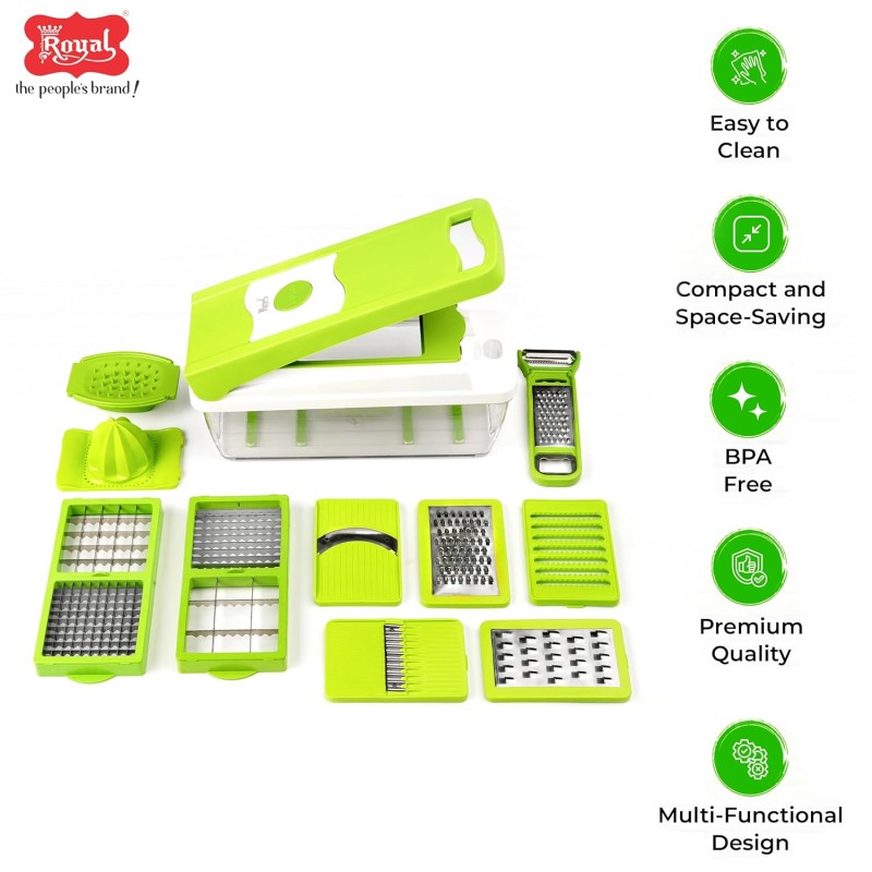 Royal 14 in 1 Superior Plastic Multi Dicer, Fruits & Vegetables Cutter With 4 Zigzag & 6 Cutting Blade, 3 in 1 Peeler & 1 Unbreakable Container Lid, Multipurpose Chopper For Kitchen, Home & Restaurant Royal 14 in 1 Superior Plastic Multi Dicer, Fruits & Vegetables Cutter With 4 Zigzag & 6 Cutting Blade, 3 in 1 Peeler & 1 Unbreakable Container Lid, Multipurpose Chopper For Kitchen, Home & Restaurant