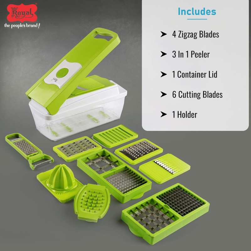 Royal 14 in 1 Superior Plastic Multi Dicer, Fruits & Vegetables Cutter With 4 Zigzag & 6 Cutting Blade, 3 in 1 Peeler & 1 Unbreakable Container Lid, Multipurpose Chopper For Kitchen, Home & Restaurant Royal 14 in 1 Superior Plastic Multi Dicer, Fruits & Vegetables Cutter With 4 Zigzag & 6 Cutting Blade, 3 in 1 Peeler & 1 Unbreakable Container Lid, Multipurpose Chopper For Kitchen, Home & Restaurant