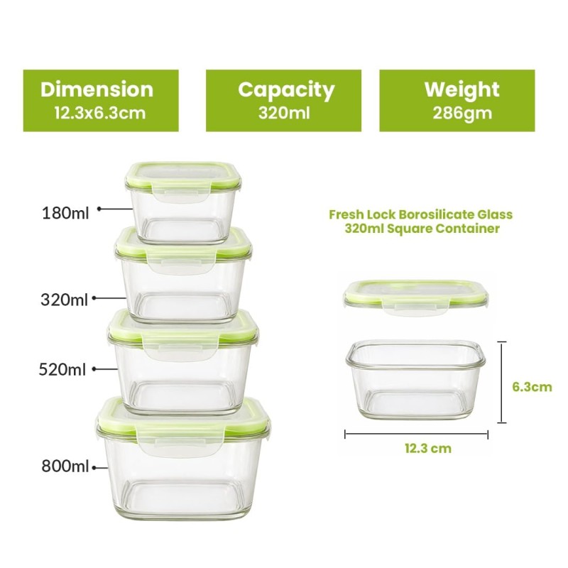 Fresh Lock Borosilicate Glass Square Food Storage Container with Airtight Lid –1Pc & 320 ML | Leakproof, Microwave Safe, Freezer Safe, BPA Free Lunch & Kitchen Storage Box Fresh Lock Borosilicate Glass Square Food Storage Container with Airtight Lid –1Pc & 320 ML | Leakproof, Microwave Safe, Freezer Safe, BPA Free Lunch & Kitchen Storage Box