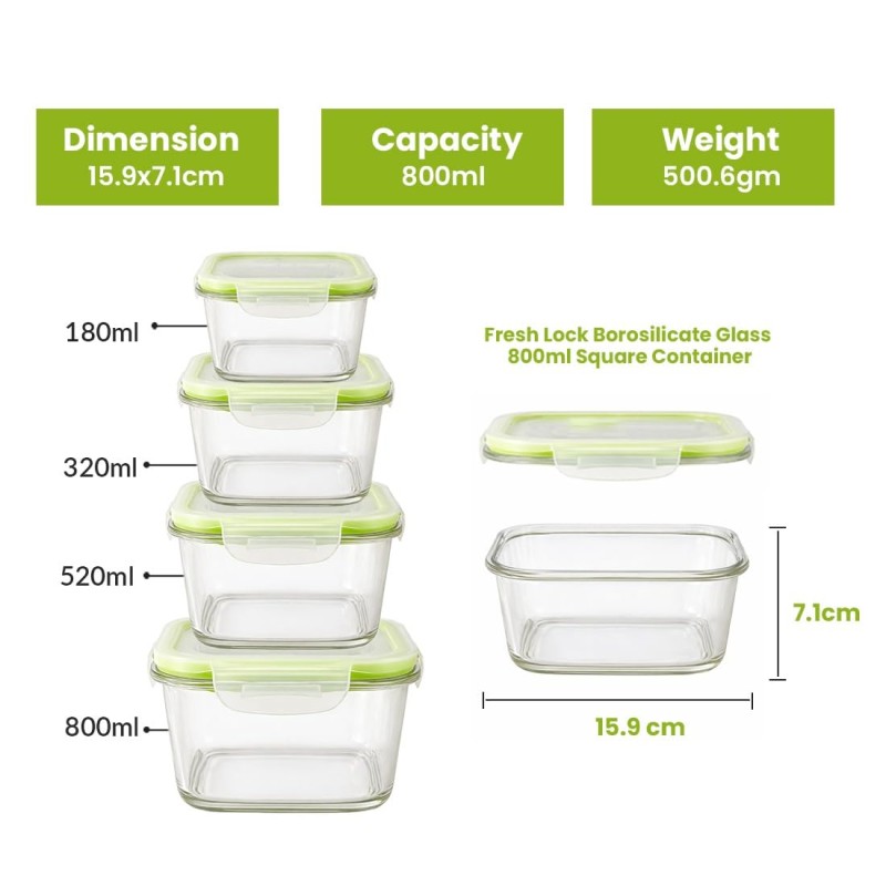 Fresh Lock Borosilicate Glass Square Food Storage Container with Airtight Lid 1Pc & 800 ML | Leakproof, Microwave Safe, Freezer Safe, BPA Free Lunch & Kitchen Storage Box Fresh Lock Borosilicate Glass Square Food Storage Container with Airtight Lid 1Pc & 800 ML | Leakproof, Microwave Safe, Freezer Safe, BPA Free Lunch & Kitchen Storage Box