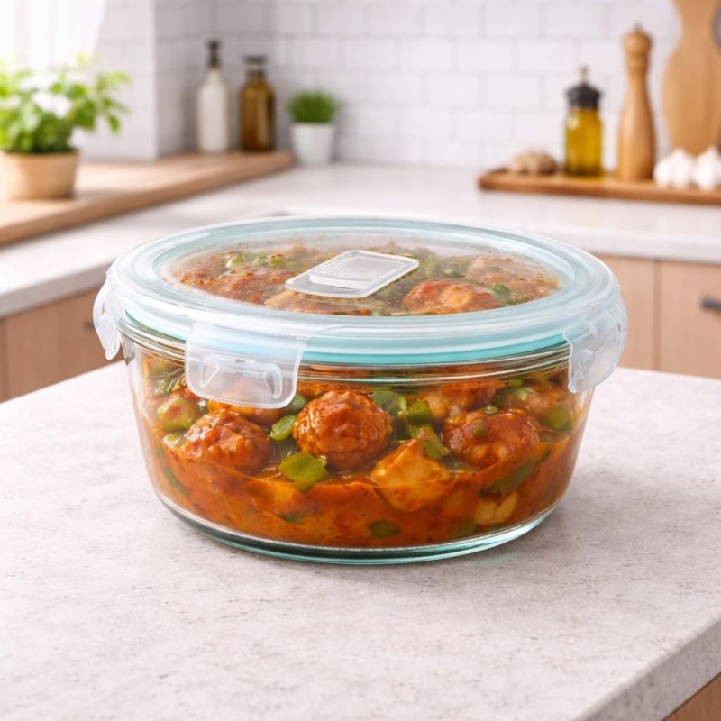 Round Glass Food Storage Container with Airtight Locking Lid | Leakproof BPA-Free Lunch Box for Men | Snap Lock Clips |Microwave Oven Freezer Dishwasher Safe Bowl for Kitchen 1Pc 950 ML Round Glass Food Storage Container with Airtight Locking Lid | Leakproof BPA-Free Lunch Box for Men | Snap Lock Clips |Microwave Oven Freezer Dishwasher Safe Bowl for Kitchen 1Pc 950 ML