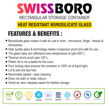 Swissboro Fresh Lock Borosilicate Glass Rectangle Container 1 pc-640 ML Swissboro Fresh Lock Borosilicate Glass Rectangle Container 1 pc-640 ML