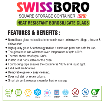 Swissboro Fresh Lock Borosilicate Glass Pro Square Container 1 pc-320ml Swissboro Fresh Lock Borosilicate Glass Pro Square Container 1 pc-320ml