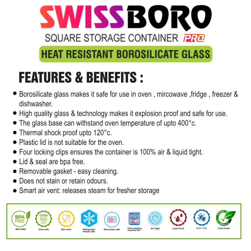 Swissboro Fresh Lock Borosilicate Glass Pro Square Container 1 pc-320ml