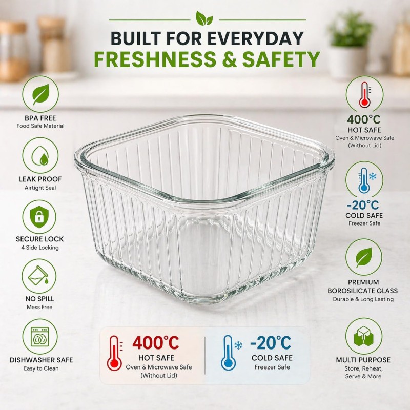 Premium Square Glass Food Storage Container Set with Airtight Lid | Microwave & Dishwasher Safe | Borosilicate Glass Container for Lunchbox 1Pc & 520 ML Transparent Glass Containers Office Premium Square Glass Food Storage Container Set with Airtight Lid | Microwave & Dishwasher Safe | Borosilicate Glass Container for Lunchbox 1Pc & 520 ML Transparent Glass Containers Office
