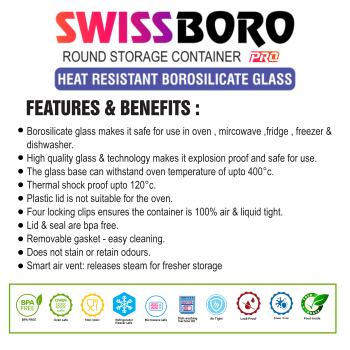 Swissboro Fresh Lock Borosilicate Glass Pro Round Container 1 pc- 400ml Swissboro Fresh Lock Borosilicate Glass Pro Round Container 1 pc- 400ml