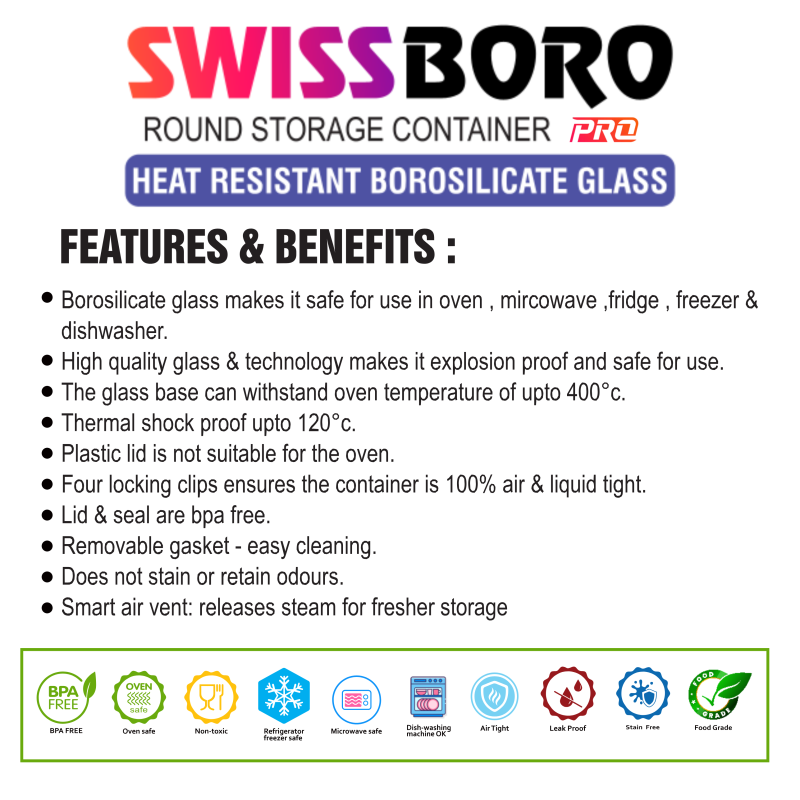 Swissboro Fresh Lock Borosilicate Glass Pro Round Container 1 pc- 400ml Swissboro Fresh Lock Borosilicate Glass Pro Round Container 1 pc- 400ml