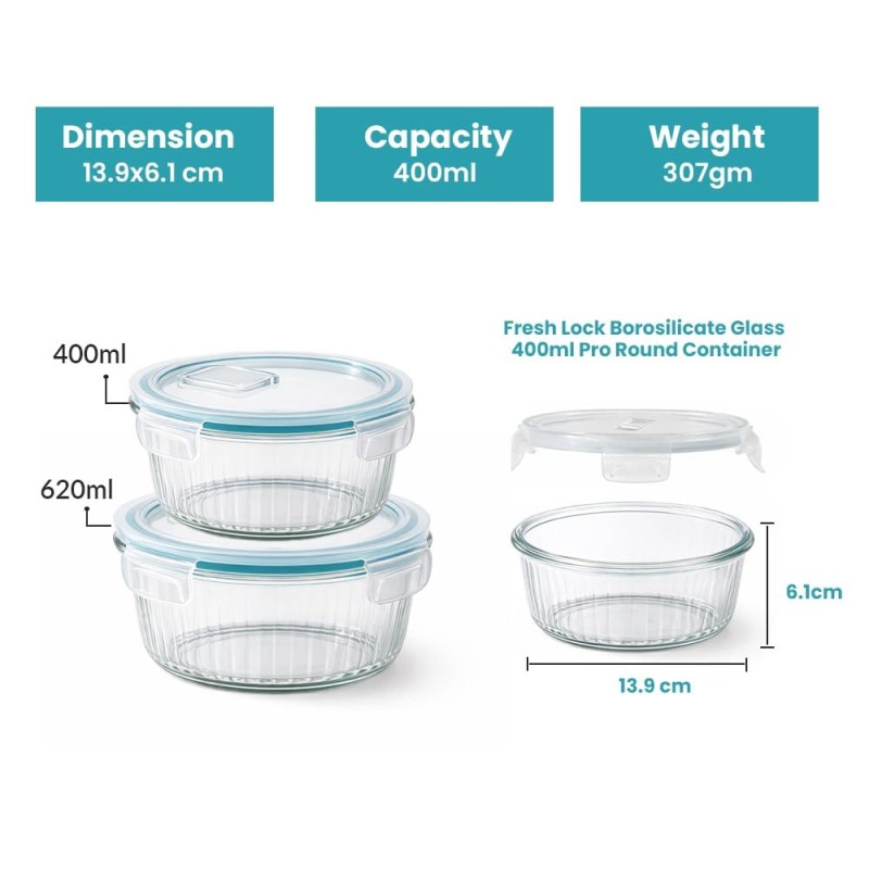 Fresh Lock Borosilicate Glass Pro Round Food Storage Container with Airtight Clip Lock Lid | 1Pc 400 ml | Leakproof & BPA Free, Microwave Freezer Safe Lunch Box | Kitchen Storage for Meal Fresh Lock Borosilicate Glass Pro Round Food Storage Container with Airtight Clip Lock Lid | 1Pc 400 ml | Leakproof & BPA Free, Microwave Freezer Safe Lunch Box | Kitchen Storage for Meal