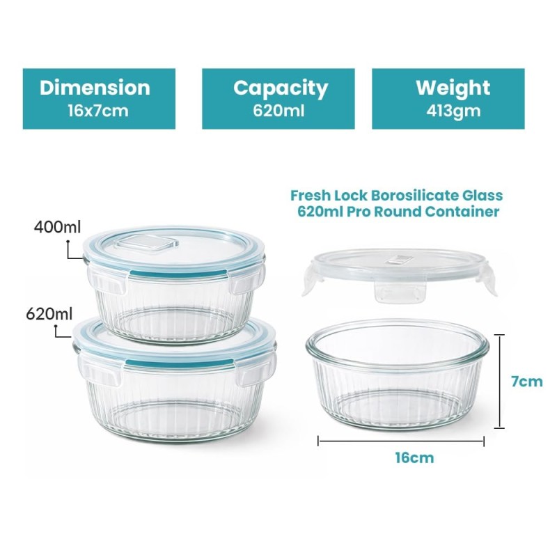 Fresh Lock Borosilicate Glass Pro Round Food Storage Container with Airtight Clip Lock Lid | 1Pc 620 ml | Leakproof & BPA Free, Microwave Freezer Safe Lunch Box | Kitchen Storage for Meal Fresh Lock Borosilicate Glass Pro Round Food Storage Container with Airtight Clip Lock Lid | 1Pc 620 ml | Leakproof & BPA Free, Microwave Freezer Safe Lunch Box | Kitchen Storage for Meal