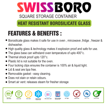 Swissboro Fresh Lock Borosilicate Glass Square Container 1 pc-180 ML Swissboro Fresh Lock Borosilicate Glass Square Container 1 pc-180 ML