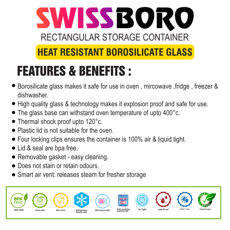 Swissboro Fresh Lock Borosilicate Glass Rectangle Container 1 pc Swissboro Fresh Lock Borosilicate Glass Rectangle Container 1 pc
