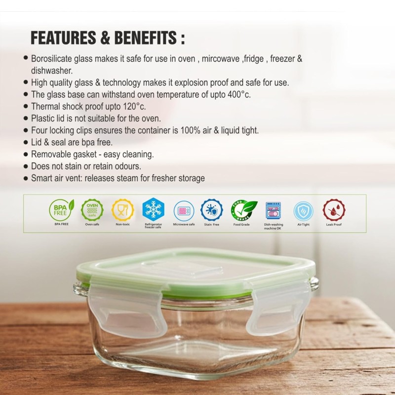 Glass Tiffin with Bag | 320 x 3 Square Container Lunchbox | Made in India Borosilicate Glass | Microwave & Dishwasher Safe, Leakproof Containers Glass Lunch Box for Office Glass Tiffin with Bag | 320 x 3 Square Container Lunchbox | Made in India Borosilicate Glass | Microwave & Dishwasher Safe, Leakproof Containers Glass Lunch Box for Office