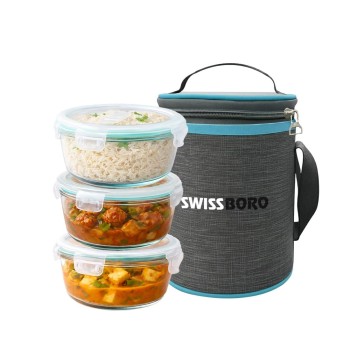 Swissboro Almaty 3 Pcs Round Lunch Box with Bag- 400 ML