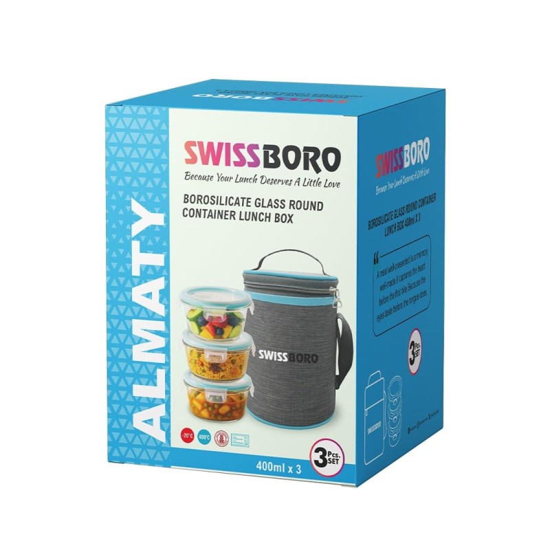 Swissboro Almaty 3 Pcs Round Lunch Box with Bag- 400 ML