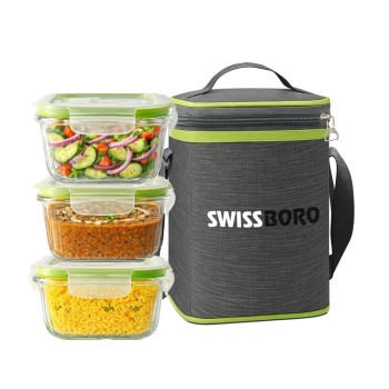Premium Glass Tiffin with Bag | 320 x 3 Square Container Lunchbox | Made in India Borosilicate Glass | Microwave & Dishwasher Safe, Leakproof Containers Glass Lunch Box for Office