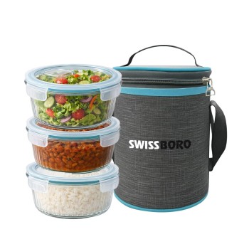Premium Glass Tiffin with Bag | 400 x 3 Round Container Lunchbox | Made in India Borosilicate Glass | Microwave & Dishwasher Safe, Leakproof Containers Glass Lunch Box for Office