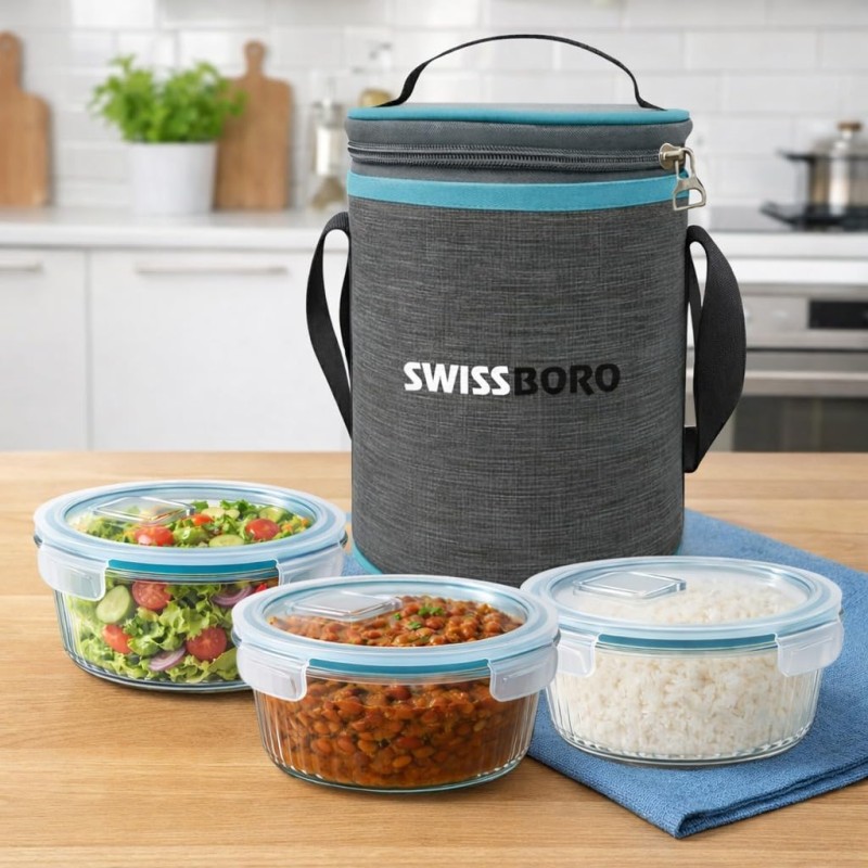 Premium Glass Tiffin with Bag | 400 x 3 Round Container Lunchbox | Made in India Borosilicate Glass | Microwave & Dishwasher Safe, Leakproof Containers Glass Lunch Box for Office Premium Glass Tiffin with Bag | 400 x 3 Round Container Lunchbox | Made in India Borosilicate Glass | Microwave & Dishwasher Safe, Leakproof Containers Glass Lunch Box for Office