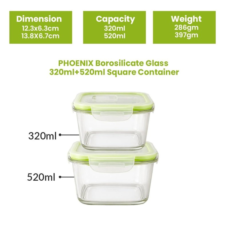 Phoenix Glass Square Glass Food Storage Container Set – 320ml & 520ml (Set of 2) | Airtight Leakproof Lids | BPA-Free | Microwave, Freezer & Dishwasher Safe | Premium Gift Box Pack Phoenix Glass Square Glass Food Storage Container Set – 320ml & 520ml (Set of 2) | Airtight Leakproof Lids | BPA-Free | Microwave, Freezer & Dishwasher Safe | Premium Gift Box Pack