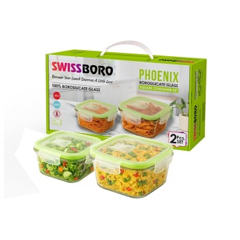 Phoenix Glass Square Glass Food Storage Container Set – 320ml & 520ml (Set of 2) | Airtight Leakproof Lids | BPA-Free | Microwave, Freezer & Dishwasher Safe | Premium Gift Box Pack