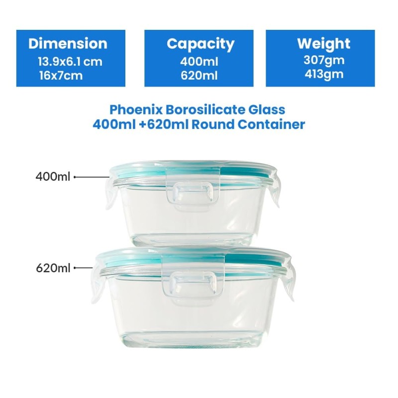 Phoenix Borosilicate Glass Round Container Set (2 Pcs – 400ml + 620ml) | 100% Borosilicate Glass | Airtight & Leakproof Lid | Microwave, Freezer & Dishwasher Safe | Food Storage Lunch Box Phoenix Borosilicate Glass Round Container Set (2 Pcs – 400ml + 620ml) | 100% Borosilicate Glass | Airtight & Leakproof Lid | Microwave, Freezer & Dishwasher Safe | Food Storage Lunch Box