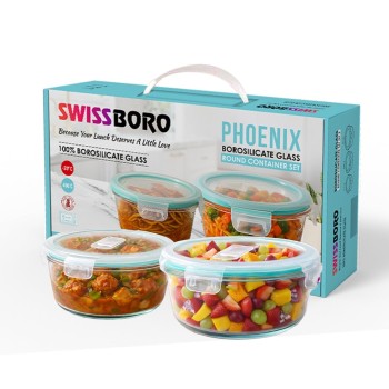 Phoenix Borosilicate Glass Round Container Set (2 Pcs – 400ml + 620ml) | 100% Borosilicate Glass | Airtight & Leakproof Lid | Microwave, Freezer & Dishwasher Safe | Food Storage Lunch Box