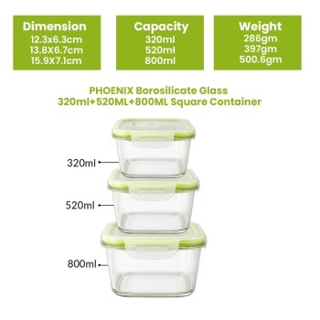 Phoenix Square Container Glass | Lunch Box for Women & Men School Kids | Microwave Safe Leak Proof Airtight Lunch Boxes 320 ML + 520 ML + 800 ML Set of 3 with Gift Bag | Tiffin for Office Phoenix Square Container Glass | Lunch Box for Women & Men School Kids | Microwave Safe Leak Proof Airtight Lunch Boxes 320 ML + 520 ML + 800 ML Set of 3 with Gift Bag | Tiffin for Office