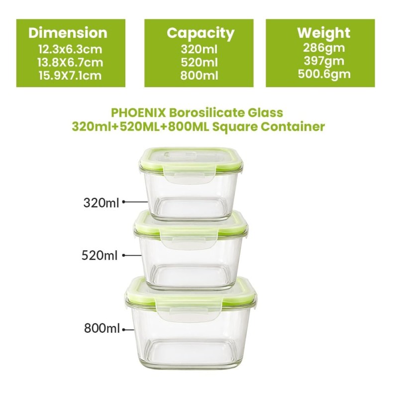 Phoenix Square Container Glass | Lunch Box for Women & Men School Kids | Microwave Safe Leak Proof Airtight Lunch Boxes 320 ML + 520 ML + 800 ML Set of 3 with Gift Bag | Tiffin for Office Phoenix Square Container Glass | Lunch Box for Women & Men School Kids | Microwave Safe Leak Proof Airtight Lunch Boxes 320 ML + 520 ML + 800 ML Set of 3 with Gift Bag | Tiffin for Office