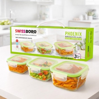 Phoenix Square Container Glass | Lunch Box for Women & Men School Kids | Microwave Safe Leak Proof Airtight Lunch Boxes 320 ML + 520 ML + 800 ML Set of 3 with Gift Bag | Tiffin for Office