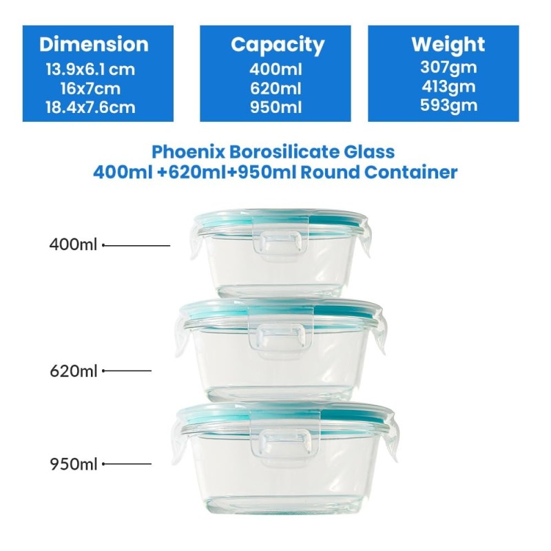 Glass Tiffin with Gift Bag | (400+620+950ML) 3Pc Round Container Lunchbox | Made in India Borosilicate Glass | Microwave & Dishwasher Safe, Airtight Leakproof Glass Lunch Box for Office Glass Tiffin with Gift Bag | (400+620+950ML) 3Pc Round Container Lunchbox | Made in India Borosilicate Glass | Microwave & Dishwasher Safe, Airtight Leakproof Glass Lunch Box for Office