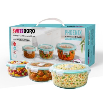 Glass Tiffin with Gift Bag | (400+620+950ML) 3Pc Round Container Lunchbox | Made in India Borosilicate Glass | Microwave & Dishwasher Safe, Airtight Leakproof Glass Lunch Box for Office