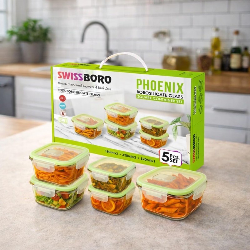 Phoenix Square Food Storage Container Set – 5 Pieces (2×320 ml, 1×520 ml, 2×180 ml) | Airtight Kitchen Containers with Gift Box | Durable & Space-Saving Design | Premium Gift Box Pack Phoenix Square Food Storage Container Set – 5 Pieces (2×320 ml, 1×520 ml, 2×180 ml) | Airtight Kitchen Containers with Gift Box | Durable & Space-Saving Design | Premium Gift Box Pack