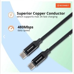 Reconnect type-c to type-c Nylon braided cable | Fast charging and Data Sync | c cable for samsung, vivo, redmi, realme, oppo, oneplus, infinix, poco, xiaomi, motorola, itel and more...