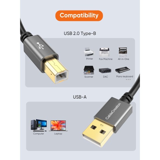 CableCreation USB Printer Cable, USB 2.0 A Male to B Male Scanner Cord, Compatible with, Cannon, Brother, Epson, Xerox, Samsung and More, 5 FT, Aluminium Case, Black