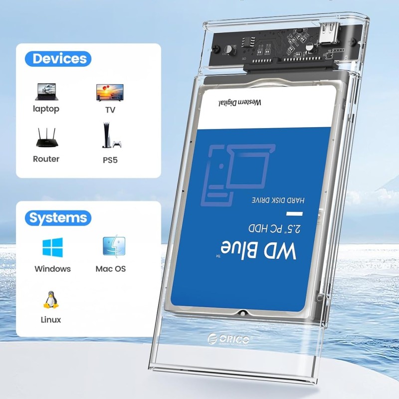 ORICO 2.5" External Hard Drive Enclosure, SATA III to USB Type-C for HDD/SSD - Tool Free Installation, Transparent Design, Supports UASP and up to 4TB