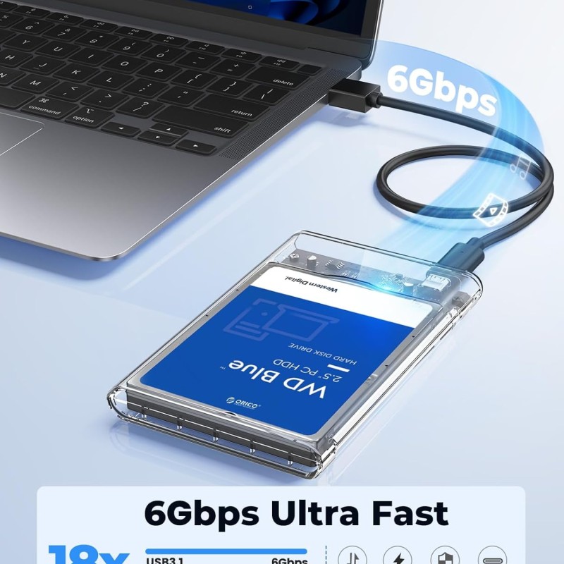 ORICO 2.5" External Hard Drive Enclosure, SATA III to USB Type-C for HDD/SSD - Tool Free Installation, Transparent Design, Supports UASP and up to 4TB