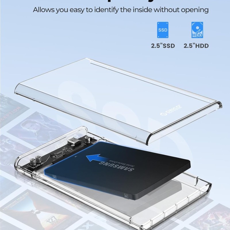 ORICO 2.5" External Hard Drive Enclosure, SATA III to USB Type-C for HDD/SSD - Tool Free Installation, Transparent Design, Supports UASP and up to 4TB