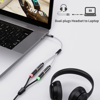 (Refurbished) CableCreation Headphone Splitter, 3.5mm TRRS Stereo Audio Y Splitter Cable 3.5mm Male to 2 Port 3.5mm Female with 3.5mm Jack CTIA to OMTP Adapter Compatible with Laptop, PC, Tablet Black 0.66FT